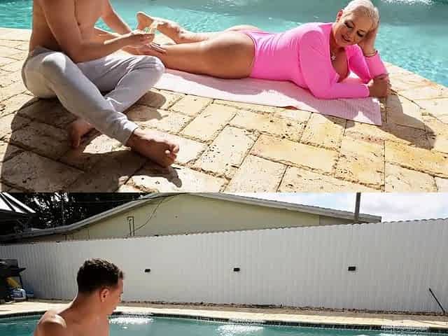 Blonde Bimbo Takes His Virginity By The Pool