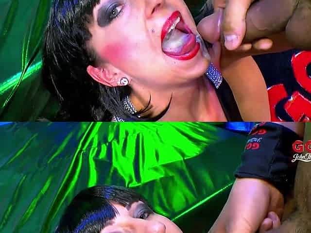 Giant dongs in throat and vagina for this german jizz hotty John Thompson