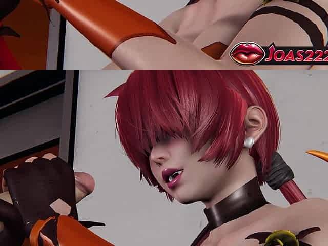 Halloween 3D Hentai - Shermie as a Seductive Red Succubus with Big Tits, Offering Intense Blowjob, Sitting Handjob, and Cumshot
