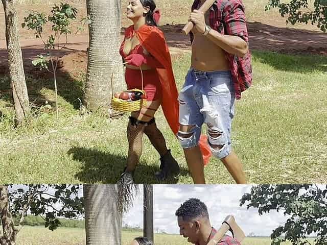 Little Red Riding Hood, the Naughty Girl, Meets a Horny Lumberjack and Shows off Her Pussy in the Middle of the Road.