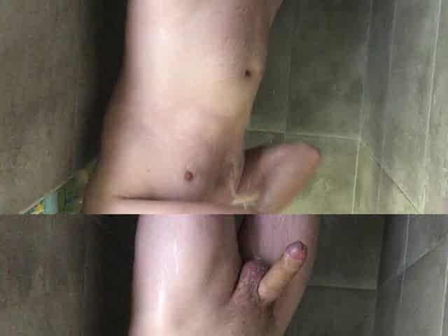 I wash myself in the shower and stroke a large ramrod and cum, the goo is visible close up on camera