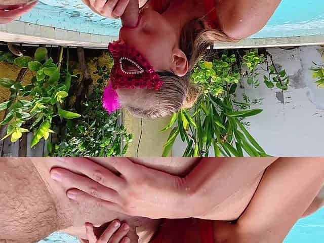 Amateur Hotwife Gets a Messy Facial by the Pool