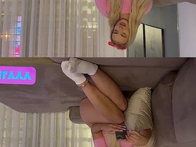 Sexy golden-haired gives footjob and gets drilled in Doggy