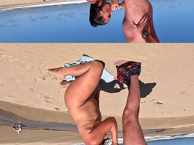 Doing a cum walk on the beach after sucking and stroking penis