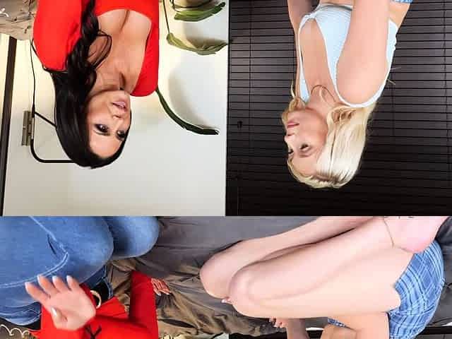 Lesbians with big boobs and stockings riding a dick