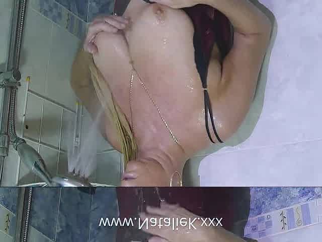 step mamma finger screwing in the shower wearing a moist silk nightie with boobs out & groaning climax