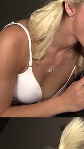 Cute blonde gets surprised by huge cock from gloryhole and sucks it deep