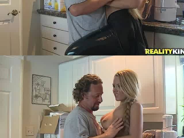 Blonde MILF in a leather bodysuit gets nailed in a kitchen