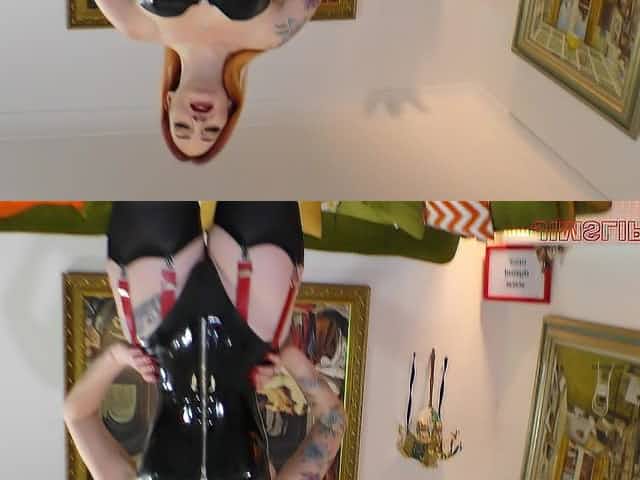Redhead in a leather corset Zara Du Rose pussy licked on the couch