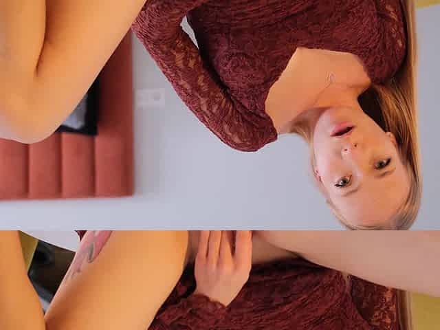Blonde girl rubbing her pussy and sucking on my dick. Then I pound her in doggy