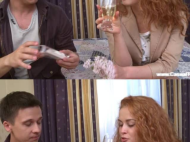 Russian redhead slut, Emma, gives a blowjob and gets amazingly fucked