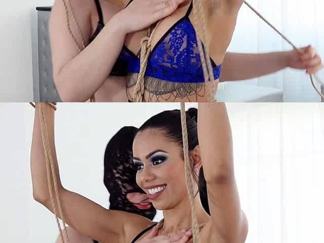 Two brunette babe in hardcore ffm blowjob