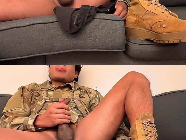 Army military chap masturbates and cums all over