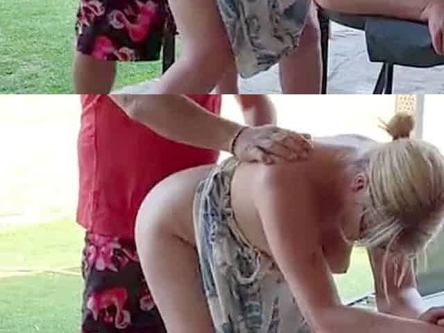 Doggystyle mature blonde at the BBQ pull out and cum drip