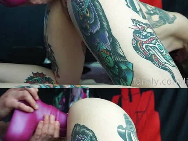 Inked Teen Massive Dildo Fisting and Pussy rubbing