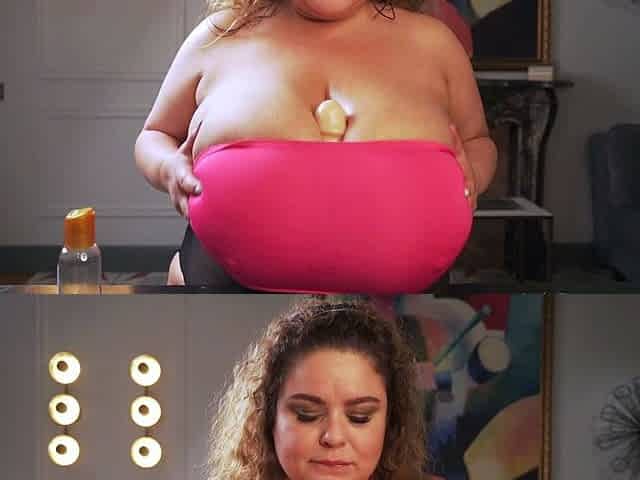 Busty curly brunette with big boobs fucks on couch