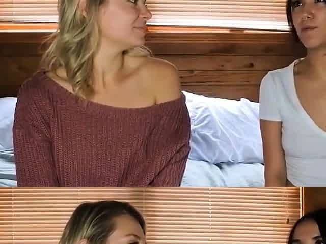 POV of inexperienced light-haired lesbian smooching her