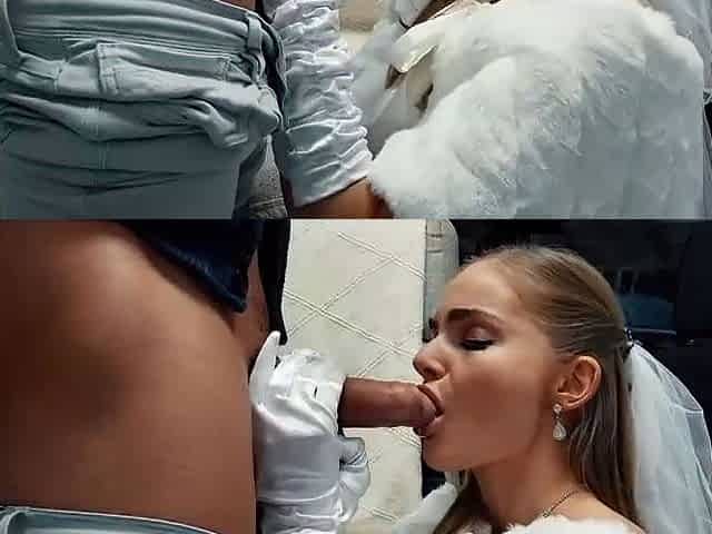 Blonde bride gives warm suck off and joins gang-bang in van