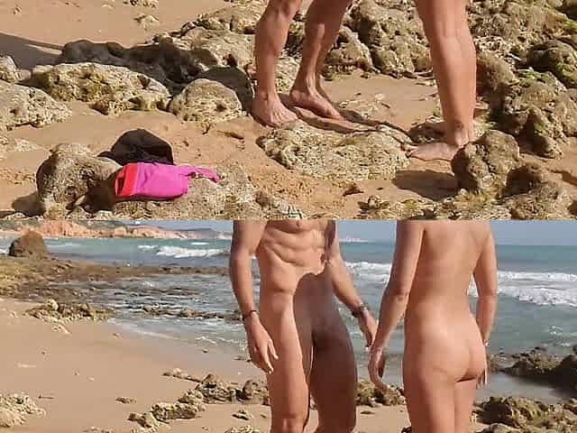 Lewd beauty and man strip on a public beach and masturbate - risky