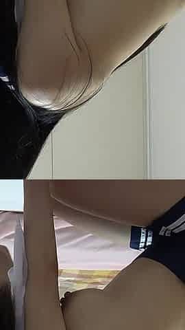 Apron-style Student Uniform, Miniskirt, White G-string Panties and White Socks, Slender Japanese Girl Cleaning Her Apartment