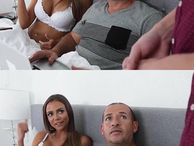Cheating wife having sex with another guy and her hubby is too busty to care