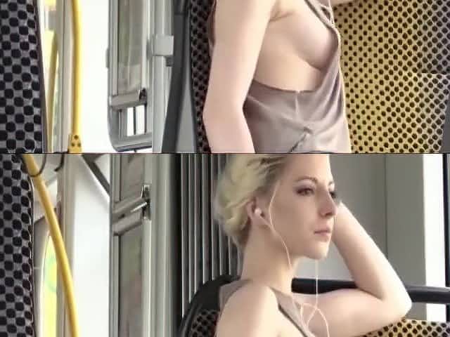 Amazing Blonde in Bus (downblouse and upskirt no pantie)