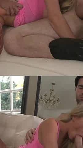 Paige busty blonde gets her first sex with two cocks