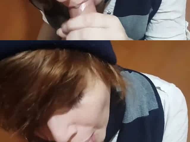 Cute Redhead with Short Hair makes a nice Blowjob and Swallows the Cum
