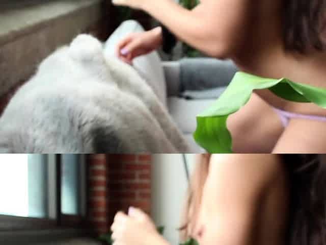Busty curly brunette with big boobs fucks on couch