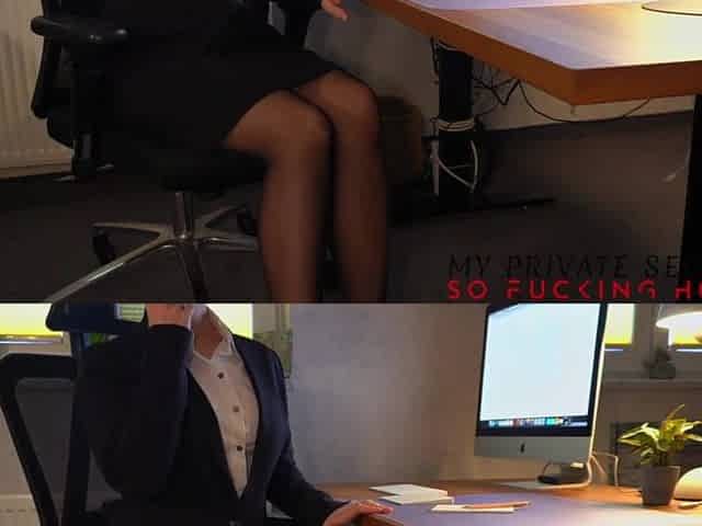 serious business woman in office dress ripping off her stockings for solo play