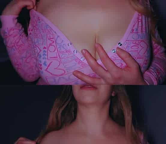 Wife tempts with her melons. Sex in pink pajamas. Large cum on titties.