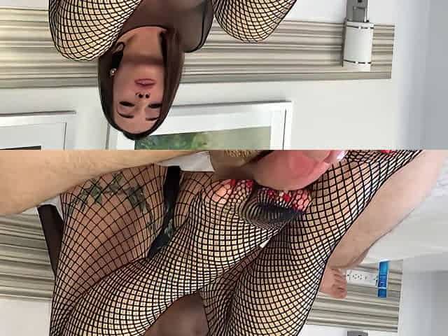Busty Brunette In A Fishnet Bodystocking Alexa Showing Off Her Footjob