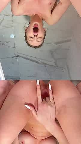 hot golden-haired with large natural bazookas fingering cunt in shower ????
