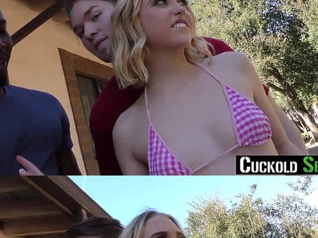 Slim Blonde Babe Chloe Cherry Gets Double-teamed By 2 BBC Guys In Front Of Her Cuckold BF By the Pool