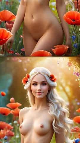 Ai Artistic Nude - Beautiful Woman Holding Poppy with White-gold Shimmer Diamond Jewelry