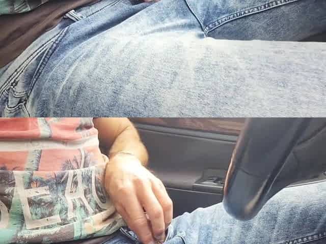 Hawt chap touching his large penis in the car with people passing by and watching - nearly caught