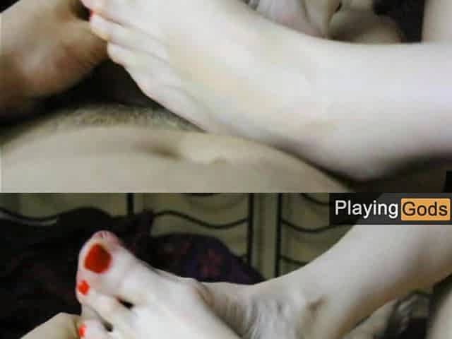 Russian gal with glamorous legs doing footjob and playing with semen - PlayingGods