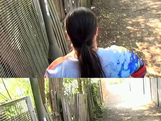 Short and thick brunette outdoor pising and public flashing