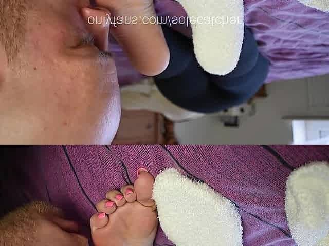 Fluffy ankle socks removed - toe sniffing - foot licking - giant cum on soles