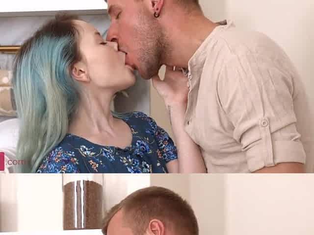 Blue-haired chick indulges in kitchen love