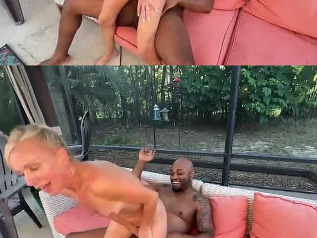 Blonde backyard milf yields to thick black anal desire