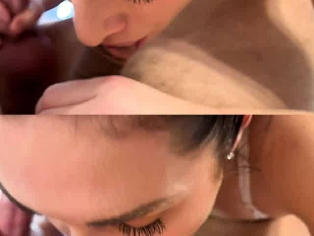Big tit brunette sucks a big cock POV