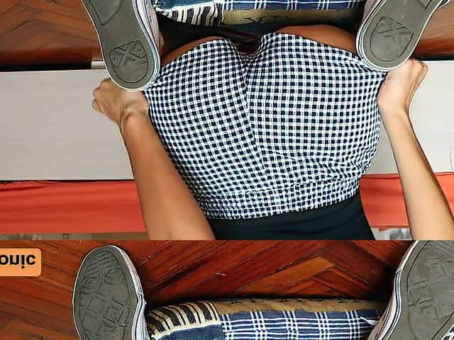 Schoolgirl in sneakers reaches climax and squirts whilst banged from behind