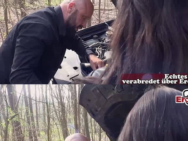 German has car breakdown and pays mechanic with blow job in the forest