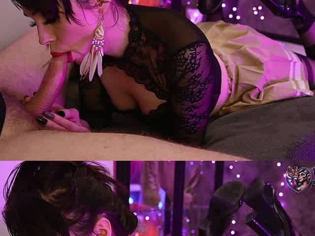 Sexy Wife in Heavy Makeup, Showed How to Have Fun with Her Husband's Penis (sideview)