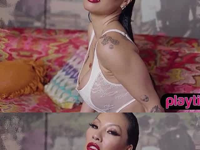 Large melons curvy Oriental mother I'd like to fuck removes underware to show off bulky moist butt