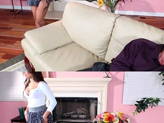 Hot brunette with big boobs gives hot blowjob