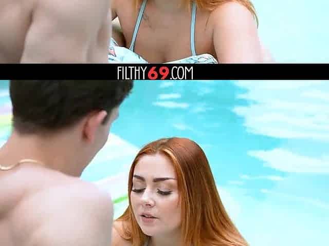 Stepdad and stepson bang redhead teen by the pool
