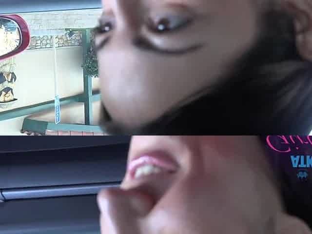 POV video of brunette Lily Adams giving a blowjob in the car