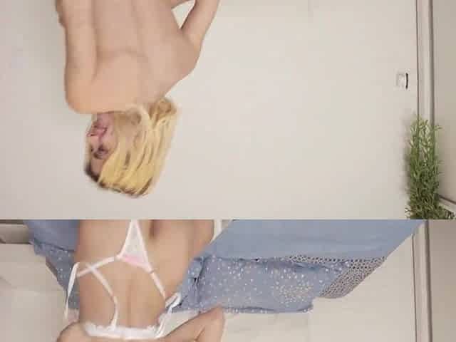 Slender golden-haired bimbo handles 2 ramrods in her cunt